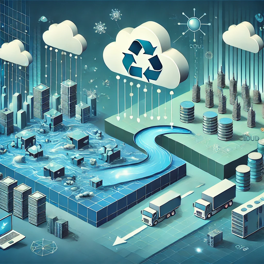 Illustration of a data lake migration, showing a transition from a chaotic, rigid system to an organized and automated infrastructure.